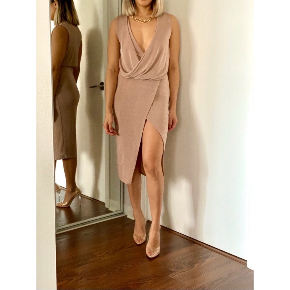 Taupe Cross Front Midi Dress With Slit